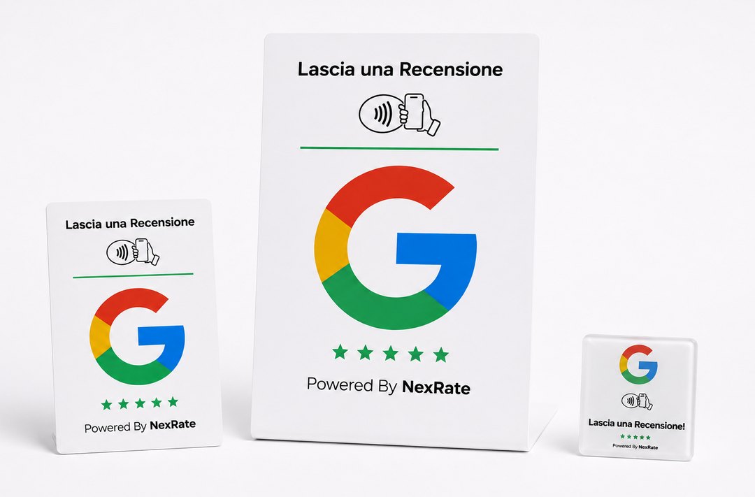 Il sistema NexRate: tessera, stand da bancone e adesivo NFC, tutti con la scritta Lascia una Recensione e il logo Google.